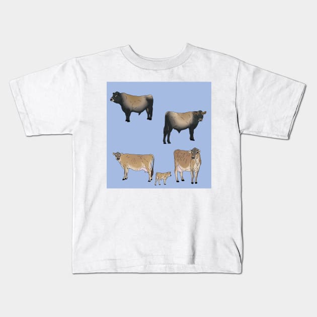 Jersey Cows Pattern Blue Kids T-Shirt by TrapperWeasel